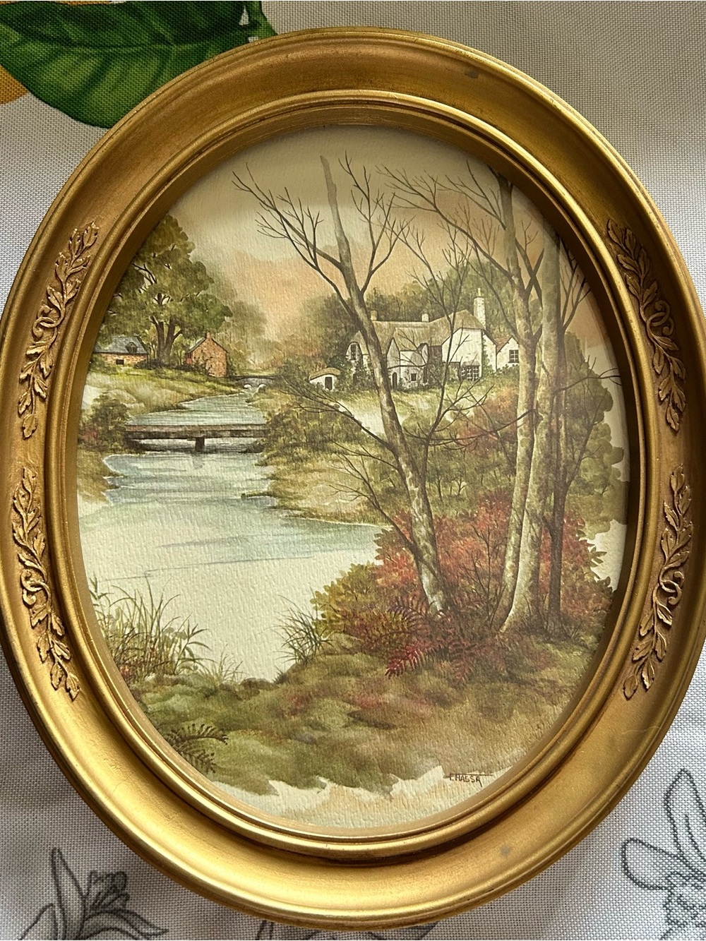 Vintage HOMCO Oval Cottage Landscape Wall Art Gold Frame Glass
